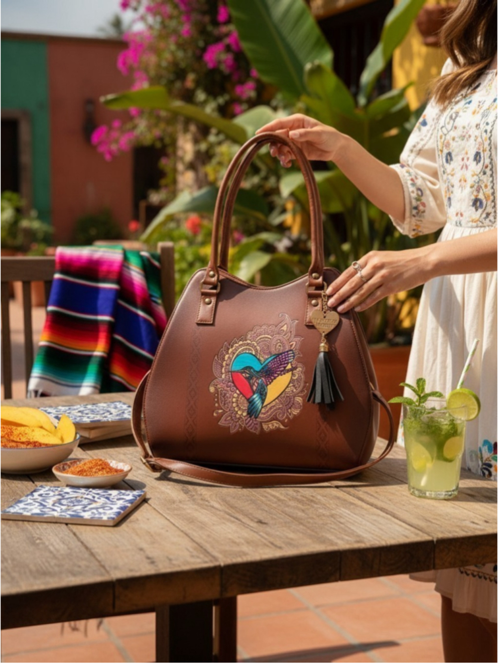 Brown & Black Mexican Hummingbird Embossed VEGAN Leather Handbag Purse Crossbody